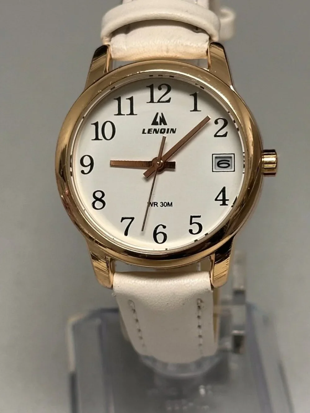 Lenqin Watch Women Gold Tone Date Window White Leather Band New Battery 9